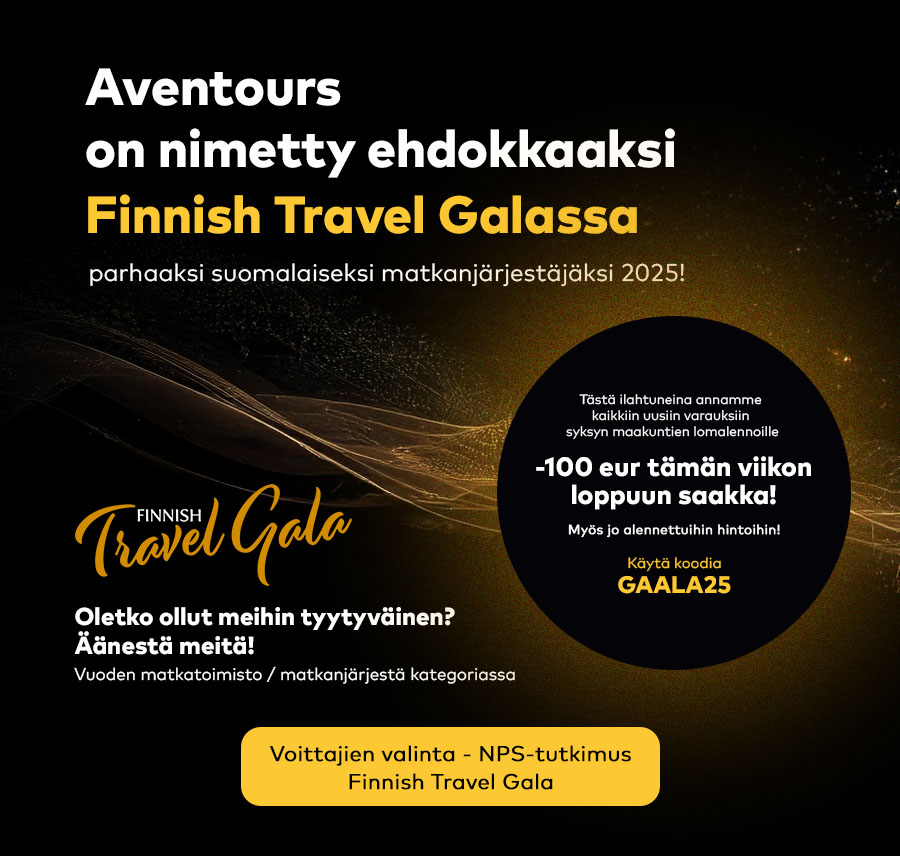 Aventours on nimetty ehdokkaaksi Finnish Travel Galassa parhaaksi suomalaiseksi matkanjärjestäjäksi 2025!